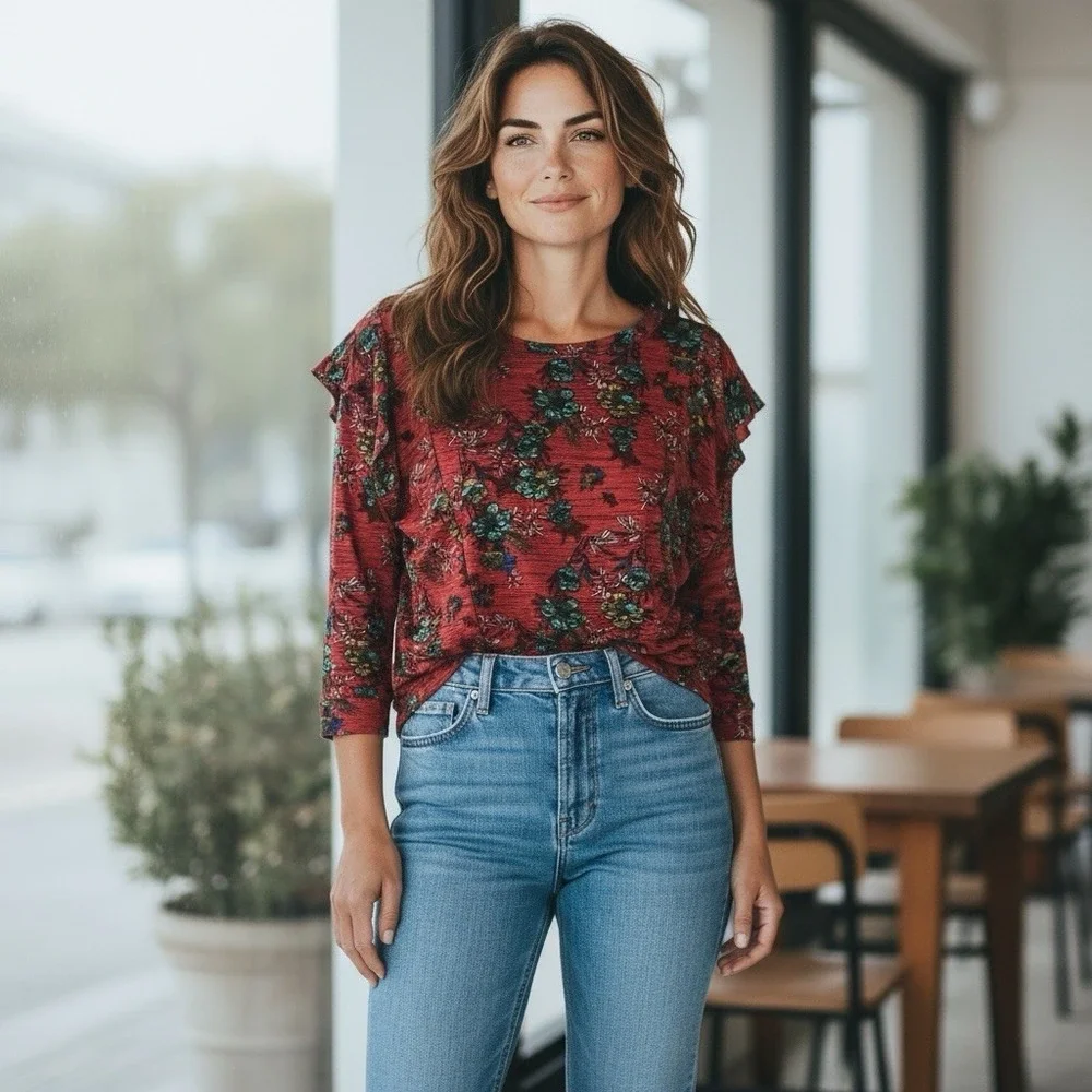 Free People Red Floral Ruffle Shoulder‎ Keyhole Back 3/4 Sleeve Knit Top Small